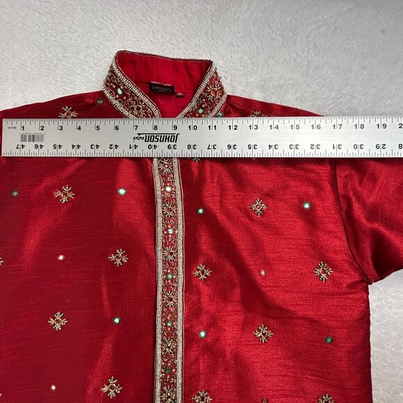 Vintage Satellite Mens Red Embellished Long Kurta Size 14 Long Sleeve Pockets - Picture 8 of 14